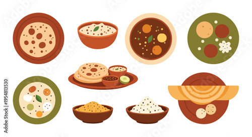 Flat lay illustration of various Indian dishes and snacks arranged on plates and bowls against a clean white background.
