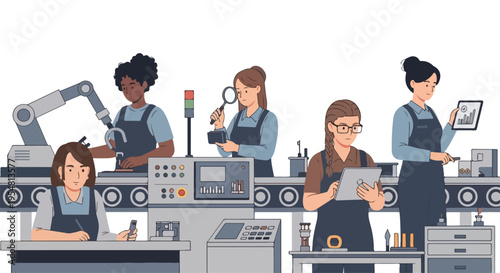 Illustration of diverse factory workers engaged in various tasks at industrial machines with a clean and organized workspace