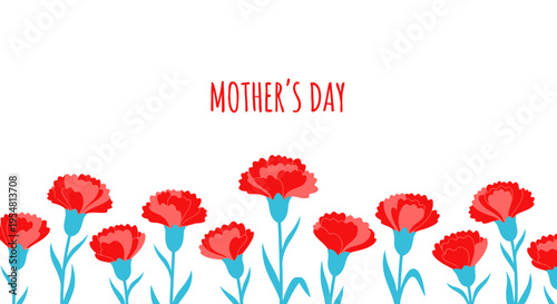 Mother's Day Greeting Card Background with Red Carnation Flowers and White Copy Space