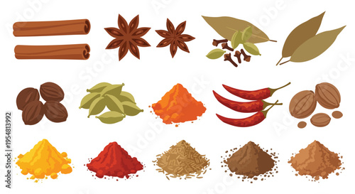 Flat lay of various spices and herbs on a white background, including cinnamon sticks and powder, star anise, chili peppers, and other seasonings.