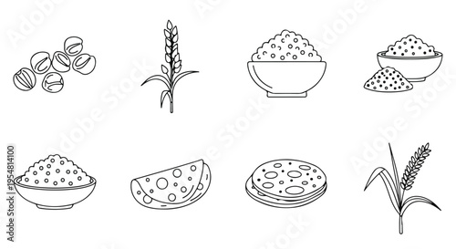 Black and white line drawing illustrations of rice grains and wheat in various forms and arrangements on a clean white background.