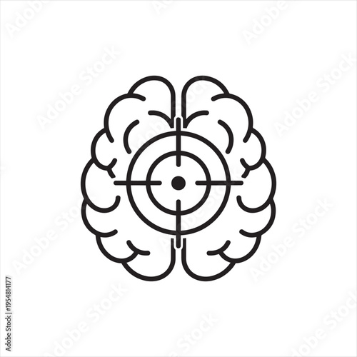 Black and white vector icon of a human brain with a target symbol centered on it, representing focus, intelligence, and strategic thinking for business and marketing concepts.