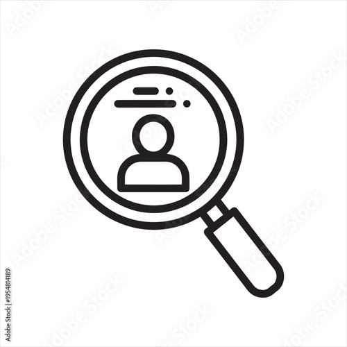 Black outline vector icon of a magnifying glass searching for a person, representing user search, profile lookup, or human resources recruitment