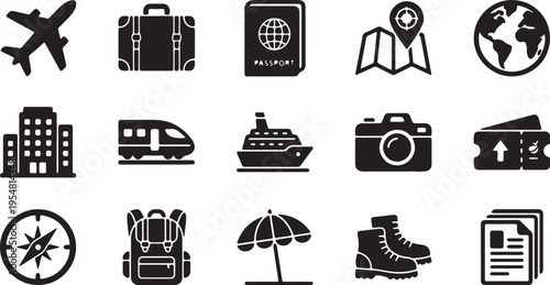 Travel Essentials Icon Set: A comprehensive collection of travel-related icons, each representing an essential element for a memorable journey.