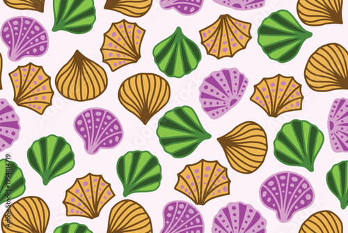 Seamless vector pattern featuring colorful seashell illustrations inspired by beach and summer themes. Suitable for textile, wallpaper, and decorative design.