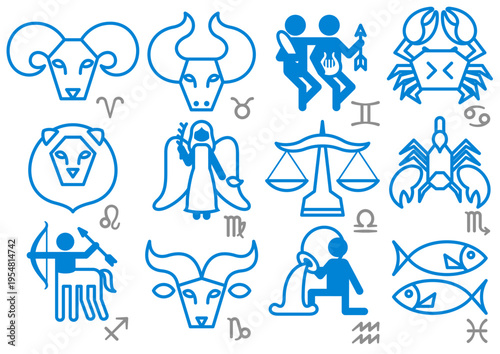 西洋占星術の黄道十二星座の線画アイコン集