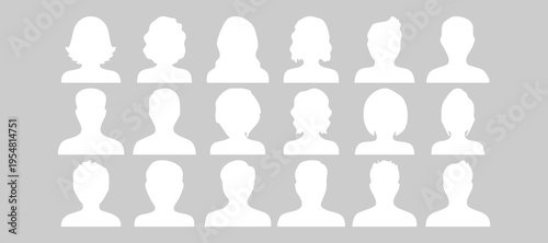 Anonymous User Avatar Silhouettes Set: White Profile Icons with Various Hairstyles, Default Member Pictures & Generic Account Placeholders on Gray Background