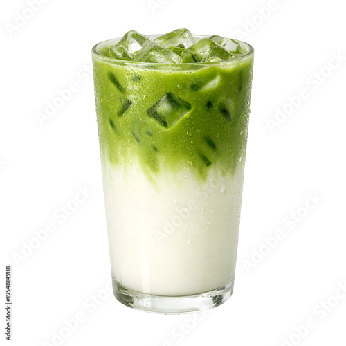 Refreshing iced matcha latte in a tall glass with milk and ice cubes on transparent background. Cold summer beverage: iced matcha green tea latte with condensation on a clear glass.
