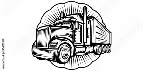 Semi Trailer Truck Badge Vector - Retro American Big Rig Logistics Line Art