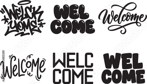 Welcome Typography Variety: Diverse Welcome word typography in a range of styles, from artistic graffiti to elegant calligraphy, ideal for conveying an inviting atmosphere and creative design.