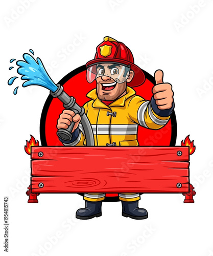 Cartoon firefighter mascot holding a hose with water spray giving a thumbs up gesture