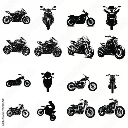 Collection of various motorcycle silhouettes including sport bikes, cruisers, and dirt bikes in different poses and angles.