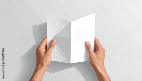 Hands holding a white brochure, open, with clean lines, on a bright gray surface