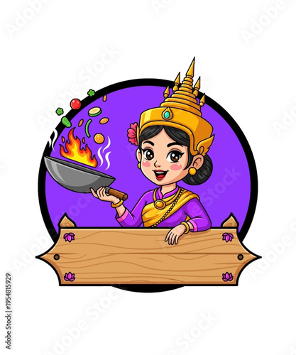 Adorable cartoon Asian chef character cooks food in a wok behind a wooden sign