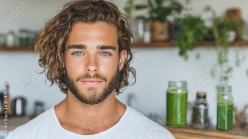 Young man with curly hair in a kitchen setting