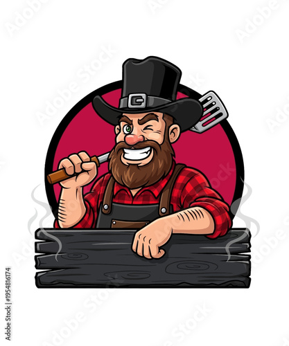 A charismatic cartoon grill master with a beard, cowboy hat, and apron winks while holding a spatula.