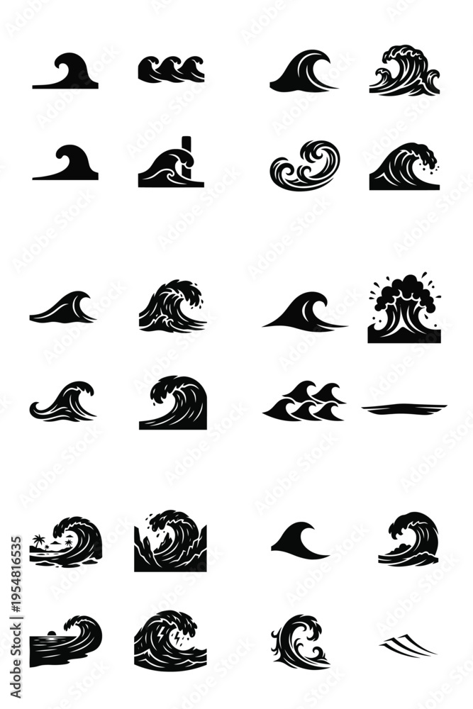 Fototapeta premium Diverse collection of ocean wave icons and sea water symbols, including simple, crashing, and stylized designs for marine themed projects.