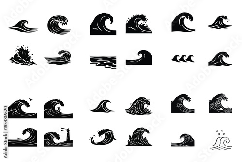 Collection of black silhouette ocean wave icons with marine elements