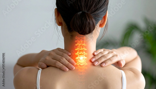 肩こりや首の痛みを感じるストレートネックの女性のイメージ  スマホ首