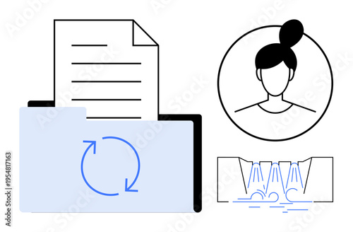 Data management collaboration, profile identification, synchronization services, digital storage, workflow organization, user accounts. A file with synchronization symbol, avatar, and workflow