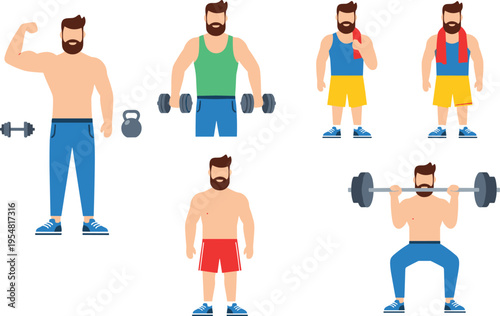 Men Gym Workout Exercises Collection Vector with Dumbbell Training, Weightlifting, Strength Training, and Fitness Activity Illustrations