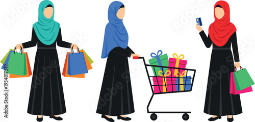 Muslim Woman Shopping Illustration Set with Hijab Wearing Female Characters Carrying Bags, Using Smartphone, and Pushing Cart for Retail and Ecommerce Concepts