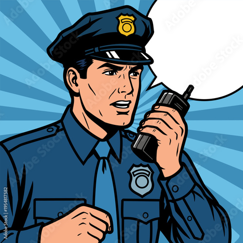 Police officer in uniform communicating using a radio device, in a retro comic book style illustration with blue radial background