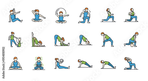 Collection of Yoga Poses: Diverse Asanas for Fitness and Well-being in Line Art Style.