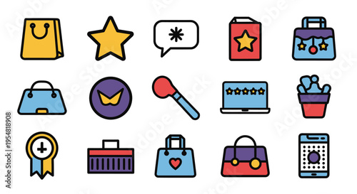 Colorful collection of flat vector icons for e-commerce shopping beauty and online reviews.