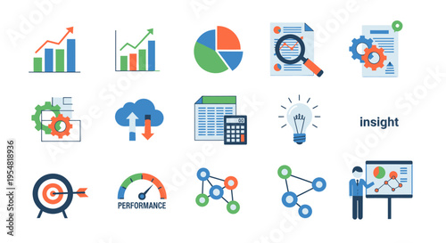Data Analysis and Business Intelligence Icons Set: Charts Graphs and Analytics Tools.