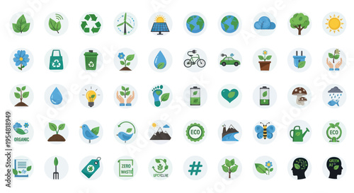Collection of Diverse Eco-Friendly and Sustainability Icons.