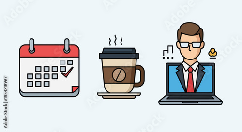 Calendar Coffee Cup and Laptop with Person: Work From Home Essentials.