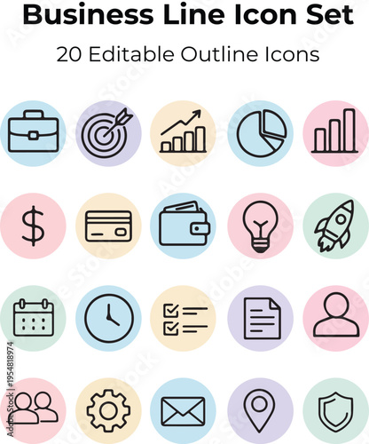 Colorful Business Line Icons Set with Rounded Background Minimal Outline Vector Pack