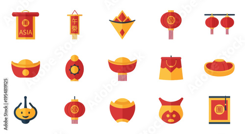 Collection of Chinese New Year Decorations and Symbols in Red and Gold.