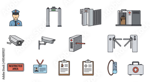 Comprehensive security system and access control icons set with guard cameras detectors and turnstiles.