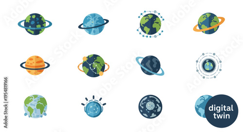 Collection of Cartoon Planets with Rings and Varied Terrains.