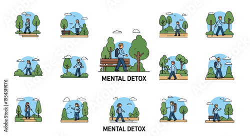 Vector Illustrations Depicting Mental Detox and Outdoor Activities.
