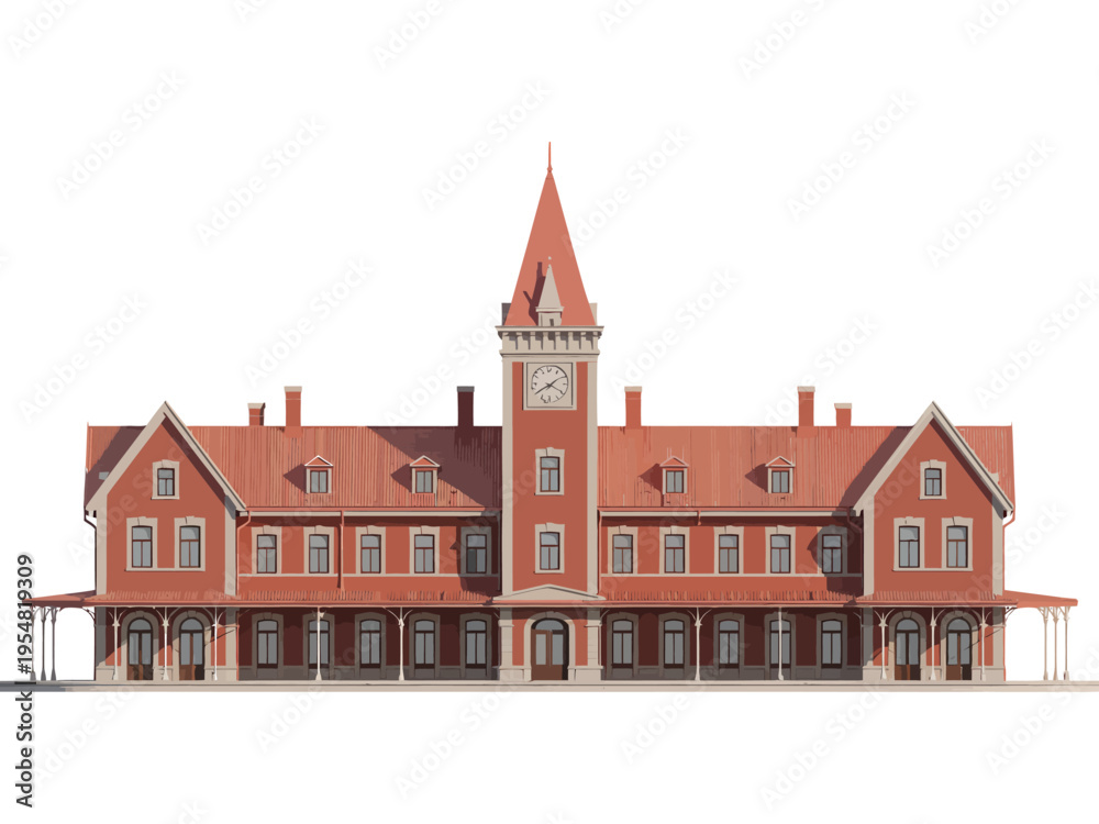 Fototapeta premium Large red brick building with clock tower and covered porch