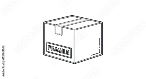 Monochrome line drawing of a fragile cardboard shipping box sealed for delivery.