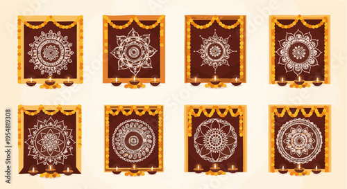 Diwali Rangoli Mandala Set with Diyas and Marigold Garlands