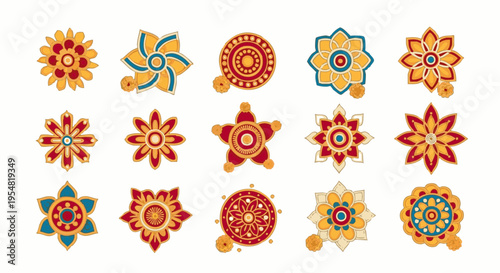 Colorful Indian Rangoli and Mandala Decorative Icons Set