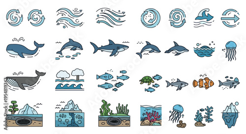 Collection of Hand-Drawn Marine Animals and Ocean Elements.