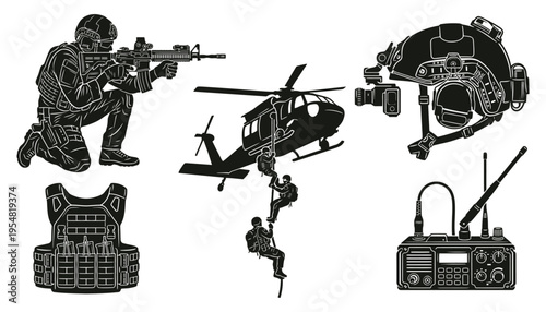 Military tactical gear and special forces icons set