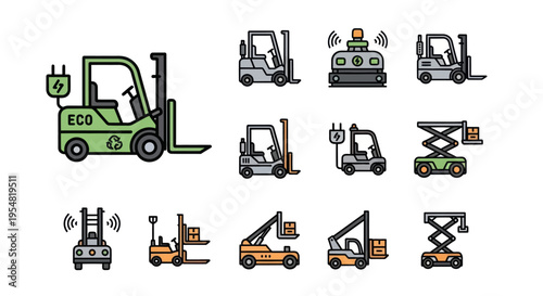 Collection of Industrial Forklift and Lifting Equipment Icons.