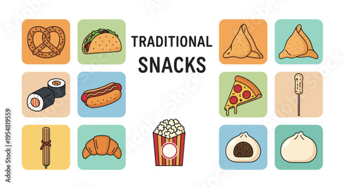 A colorful collection of illustrated icons representing various traditional snacks from around the world.