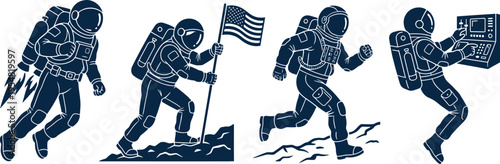 Set of astronaut illustrations in various poses and space missions
