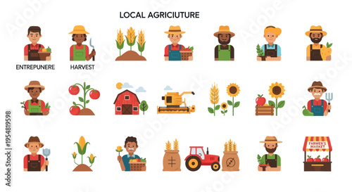Local Agriculture and Farming Icon Set with Farmers Crops and Equipment.