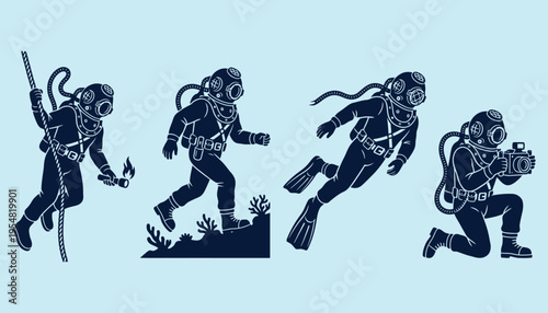 Vintage Deep Sea Diver Silhouettes Set