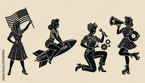 Retro pin up girl illustration set in black and white vector style