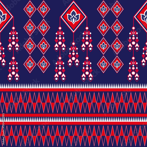 Blue, white, and red ethnic boho seamless pattern. Tribal pattern. Folk motif. Textile rapport. Geometric traditional ornament. Thai pattern style. Asian style. Wallpapers and elaborate borders.